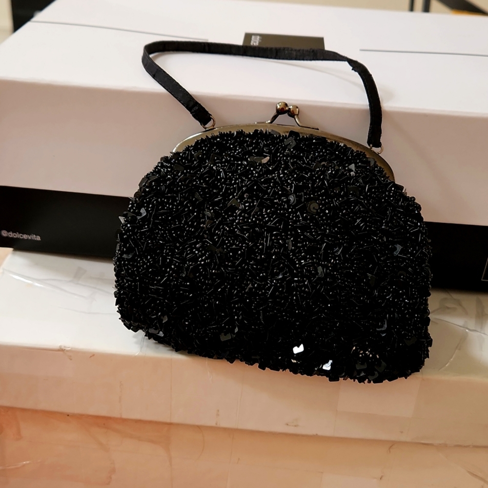 SANTI BLACK SEQUINED AND BEADED BAG.